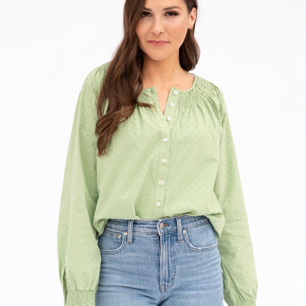 evy's tree Light Green Button-Front Peasant Blouse